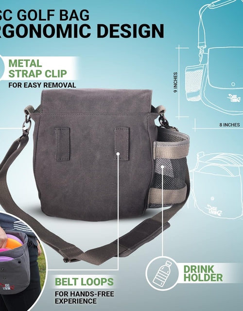 Load image into Gallery viewer, Disc Golf Bag | Frisbee Golf Bag | Easy to Carry | Lightweight Fits up to 10 Discs | 16 Oz Waxed Canvas Sturdy Design | Belt Loop | Double Button Design | Bottle Holder
